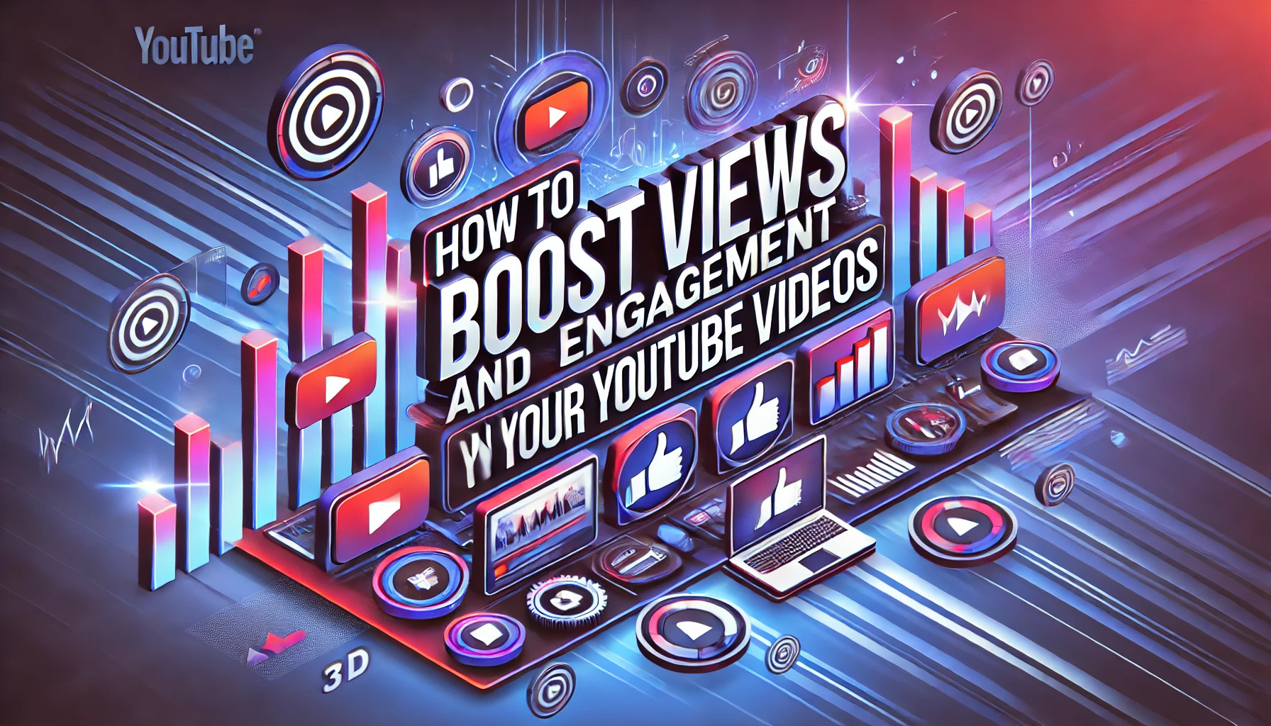 DALL·E 2025-01-24 16.09.49 - A 3D banner design for the title How to Boost Views and Engagement on Your YouTube Videos. The banner should feature bold, modern typography with a