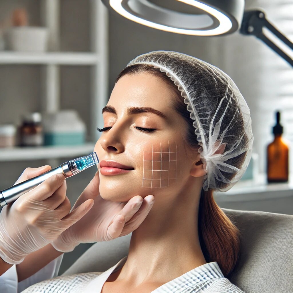 DALL·E 2025-03-25 20.58.38 - A patient receiving a PRP microneedling treatment in a modern clinic. The clinician uses a microneedling device on the patient's face while applying P (1)
